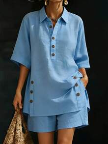Conjunto de 2 piezas nuevo de verano-otoño para mujer, camisa de manga corta y pantalón holgado, diseño fresco, favorecedor, perfecto para looks de día, oficina, paseos y ocasiones casuales - Azul - Ver 7