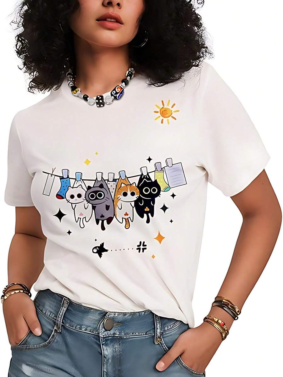 Camisetas gráficas para mujer, camisetas de algodón con ajuste lindo para adolescentes y niñas - Blanco - Ver 1