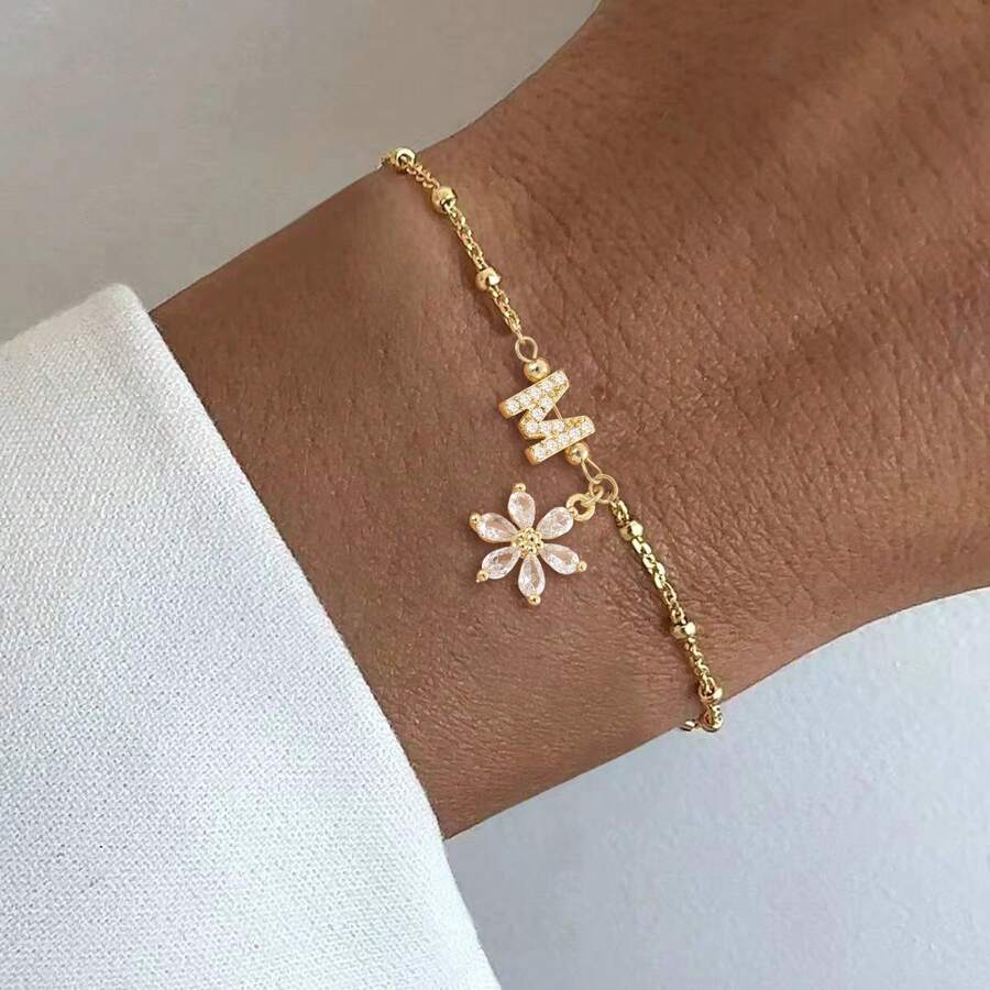1件新款經典字母花卉金色不鏽鋼珠串手鍊 女款 - 金黃色 - 查看 1