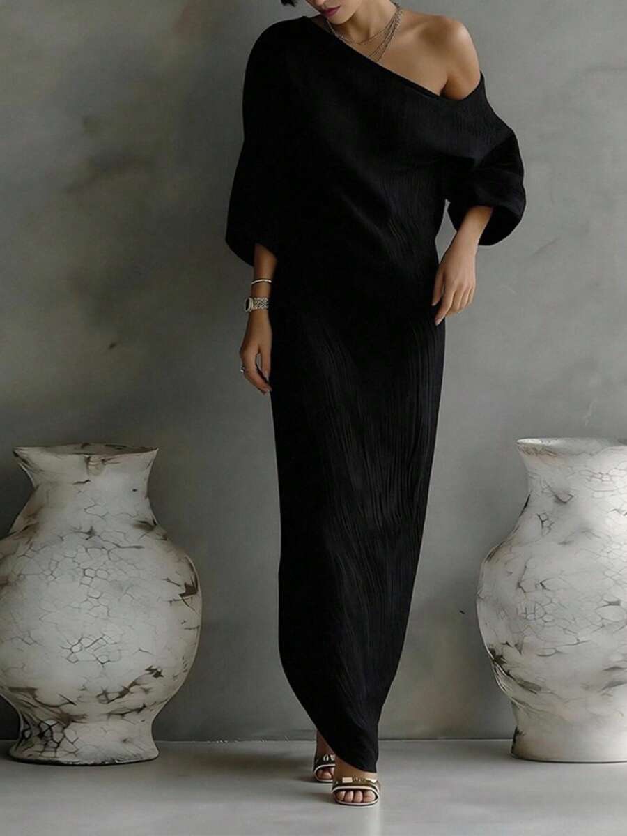 Women's Long Spring Dress With Asymmetrical Shoulder, Loose Fit, Stylish, Slim Fit, European Style, Elegant - 黑色 - 查看 1