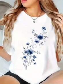 Camiseta de Mujer con Estampado Floral, Diseño Floral Azul, Cuello Redondo Casual, Manga Corta, Moda Primavera Verano Otoño, Camisetas para Damas - Blanco - Ver 3