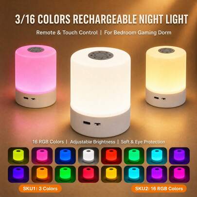 Touch & Remote Control RGB Night Light, 3/16 Color Changing Stepless Dimmable LED Lamp, USB Type-C Rechargeable Portable Bedside Desk Light For Bedroom Gaming Party Teen Room Camping Outdoor