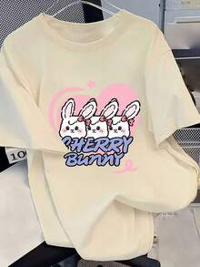 Camisa casual minimalista, nueva camiseta de manga corta con hombros caídos para mujer, estilo oversized, primavera/verano, camiseta blanca de manga corta con estampado de corazón de conejito y cerezas para el Día de San Valentín, estilo dulce y femenino, ropa urbana llamativa, top femenino y enérgico, blusas para mujer. - Albaricoque - Ver 1