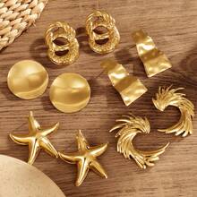 10 piezas Conjunto de aretes geométricos dorados para mujer, para uso diario, estilos surtidos enviados al azar, sin empaque - Amarillo Oro - Ver 28