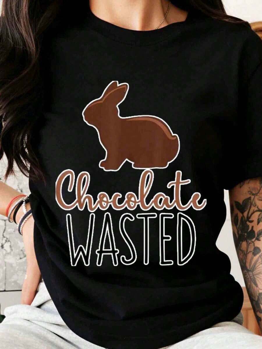 Camiseta Divertida de Conejo de Pascua con Diseño de Chocolate para Mujer y Hombre, Regalo de Pascua, Playera Holgada para Mujer - Negro - Ver 1