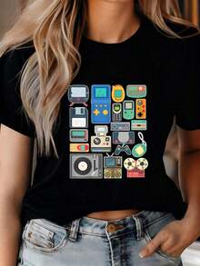 2026 80s 90s Video Game Retro Vintage Classic Arcade-Shirt Blusas Para Mujer Casual - Negro - Ver 7