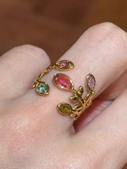 1pc Rainbow Zirconia Leaf Ring, 18K Gold Stainless Steel Open Adjustable Ring, French Style For Women