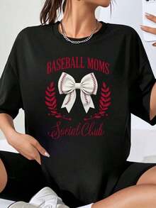 Camiseta del Club Social de Mamás del Béisbol para Mujer, Talla Grande, con Diseño Gráfico de Lazo y Laurel, Regalo para Mamás Aficionadas al Béisbol, Playera Holgada para Mujer - Negro - Ver 1