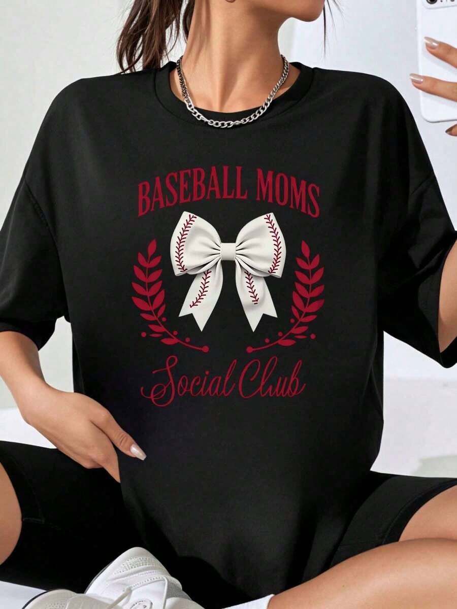 Camiseta del Club Social de Mamás del Béisbol para Mujer, Talla Grande, con Diseño Gráfico de Lazo y Laurel, Regalo para Mamás Aficionadas al Béisbol, Playera Holgada para Mujer - Negro - Ver 1