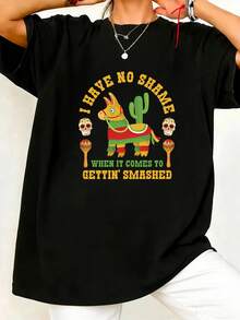 Diseño Simple y Versátil, Camiseta de Manga Corta Casual de Verano para Mujer con Estampado de Calaveras y Piñatas del Cinco de Mayo Mexicano, Top Deportivo de Algodón con Estampado de Moda para Mujer - Negro - Ver 7