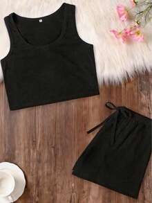 2pcs Casual Solid Color Camisole & Shorts Pajama Set For Women, Summer New Lightweight Homewear Outfit, Fashionable & Comfortable Camisole & Shorts - Black - View 3
