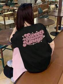Camiseta de manga corta para mujer, estilo casual de verano, corte holgado, con lazo decorativo en colores contrastantes, color negro - alta calidad - Negro - Ver 3