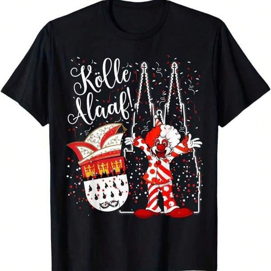 Camiseta Retro de Carnaval para Hombre, Estampado de Payaso Negro y Confeti, con Motivo de la Catedral de Colonia y el Lema "Kolle Alaaf!", Camiseta Transpirable de Manga Corta - Negro - Ver 1