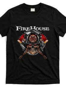 Camiseta con Estampado de Banda Firehouse - Pantalones Cortos de Cuello Redondo de Estilo Vintage para Hombres y Mujeres, Diseño de Ropa Urbana Cómoda con Temática de Bomberos, Ropa Casual | Diseño de Inspiración Vintage | Duradero - Negro - Ver 1