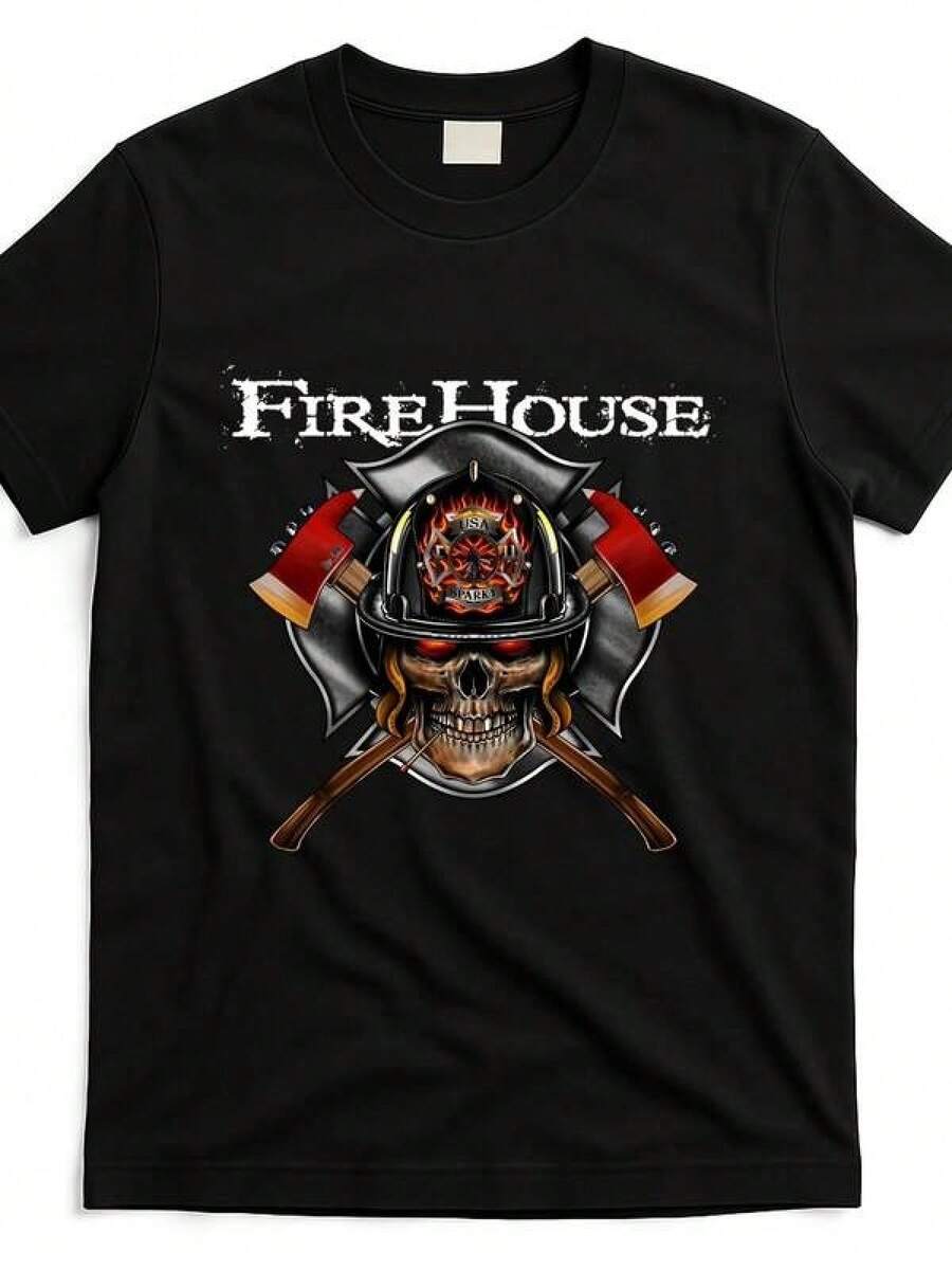Camiseta con Estampado de Banda Firehouse - Pantalones Cortos de Cuello Redondo de Estilo Vintage para Hombres y Mujeres, Diseño de Ropa Urbana Cómoda con Temática de Bomberos, Ropa Casual | Diseño de Inspiración Vintage | Duradero - Negro - Ver 1