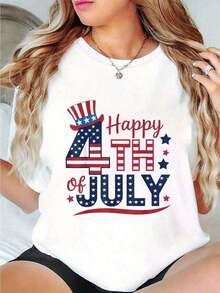 1 Women's White T-Shirt With American Flag Print, Round Neck, Casual Cotton T-Shirt, Medium Elasticity Knit Fabric, Regular Fit For Ladies, Ideal For Spring/Summer/Autumn, Independence Day, Sizes S-XXXL, Breathable And Comfortable. - 白色 - 查看 6