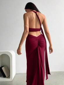 Conjunto de 2 piezas de vestido con escote en V profundo, espalda con pliegues y detalle elegante y sexy, color olivo, conjunto de verano para vacaciones en la playa para mujeres - Burdeos - Ver 7