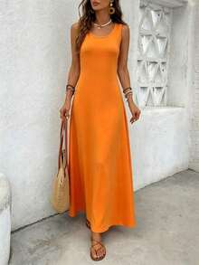 Vestido ajustado con bolsillo dividido de estilo de vacaciones de verano para mujer en color naranja - Marrón - Ver 10