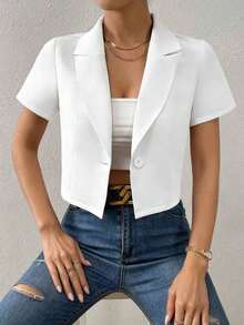 Chaquetilla Corta De Blazer De Manga Corta De Solido Color Con Cuello De Solapa - Blanco - Ver 6
