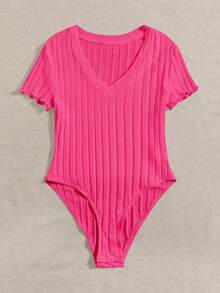 Body De Punto Acanalado Sólido Con Cuello En V Para El Verano - Rosa - Ver 3