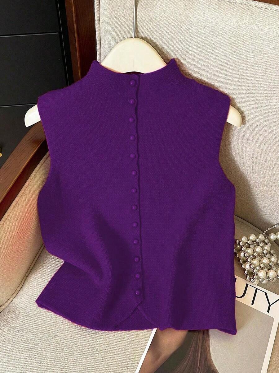 Suéter de mujer de punto con cuello alto, diseño de botones, sin mangas, suelto y casual, color rojo, para primavera/otoño - Morado - Ver 1