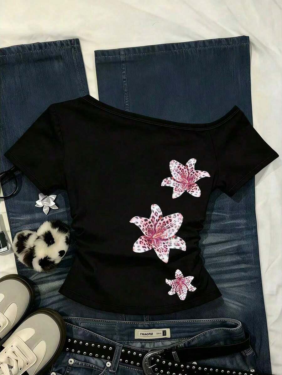 Camiseta ajustada de manga corta con hombro asimétrico y estampado de leopardo para mujer - Multicolor 6 - Ver 1