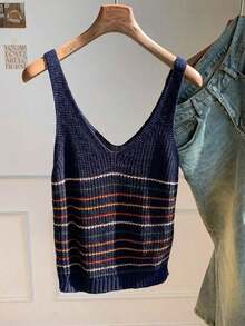 Blusa de punto de rayas azul marino casual de verano para mujer - Azul marino - Ver 2