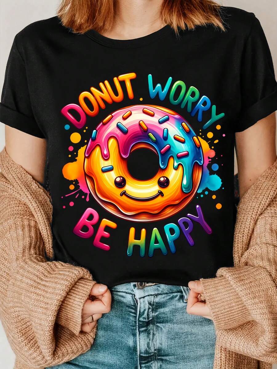 No te preocupes, sé feliz con esta camiseta colorida con estampado de donas, perfecta para los amantes de las donas, un gran regalo para quienes aman las donas - Negro - Ver 1