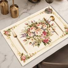 1 pieza Mantel individual de lino con estampado floral, tapete para desayuno, posavasos de café, base para tazón, accesorio de cocina, fácil de limpiar, apto para el hogar, restaurante, decoración del comedor, regalo festivo, regalo para amigos, juego de múltiples piezas - Multicolor - Ver 1