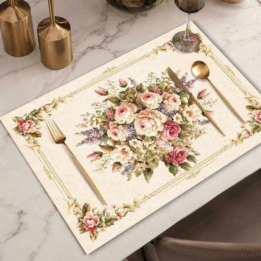 1 pieza Mantel individual de lino con estampado floral, tapete para desayuno, posavasos de café, base para tazón, accesorio de cocina, fácil de limpiar, apto para el hogar, restaurante, decoración del comedor, regalo festivo, regalo para amigos, juego de múltiples piezas - Multicolor - Ver 1