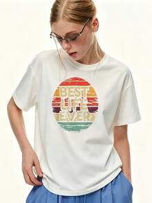 Camiseta de 180G para Mujer con Estampado Lo Mejor de una Vida, Manga Corta, Cuello Redondo, Corte Holgado Casual, Top de Verano, Regalo de Moda para Madres, Hermanas, Amigas, Reuniones Familiares, Eventos de Building de la Empresa 2024 - Camiseta Unisex de Algodón de Manga Corta y Cuello Redondo Estilo Vintage Urbano - Blanco - Ver 7