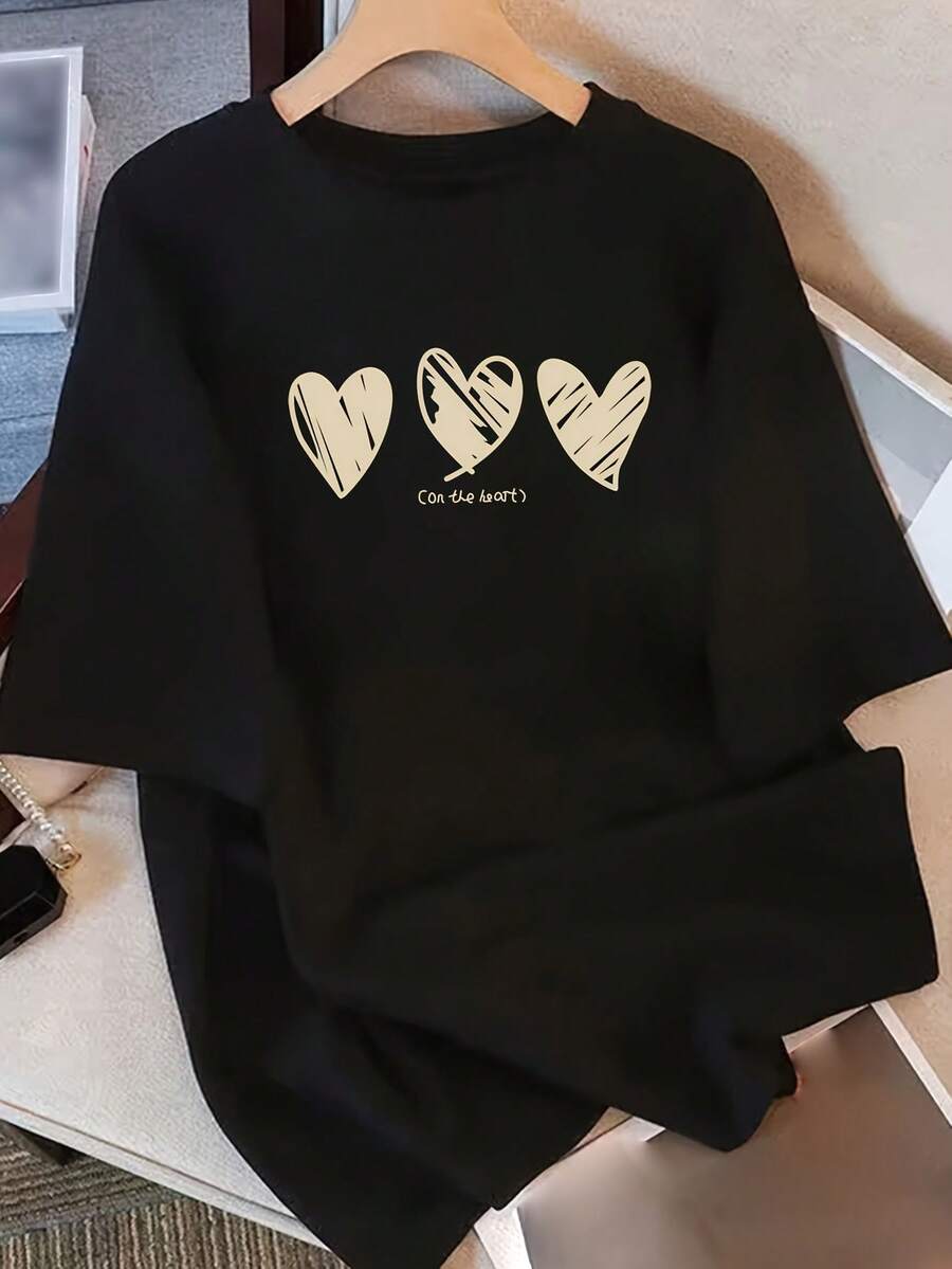 1 Piece Of Modern 100% Cotton T-Shirt, Loose Fit, Round Neck, For Women, Casual, Comfortable And Versatile, With Short Sleeves And A Cute Three Hearts Print, 180g Cotton. - 黑色 - 查看 1
