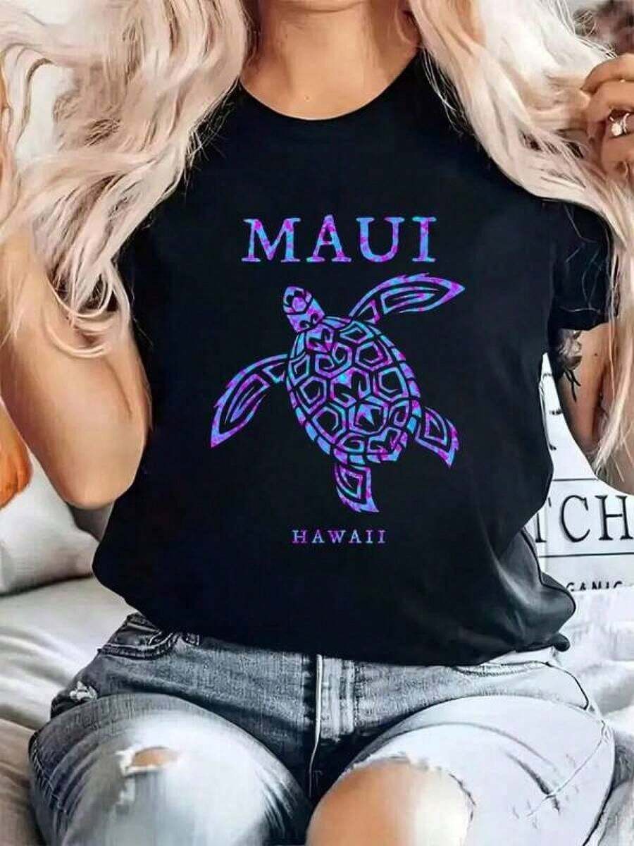 Camiseta% Algodón con Estampado Colorido de Maui, Hawái, Recuerdo de Vacaciones, Cuello Redondo, para Verano, Top Suave de Manga Corta para Mujer, Camiseta Elegante y Cómoda para Mujer, Camisetas con Estampados - Negro - Ver 1