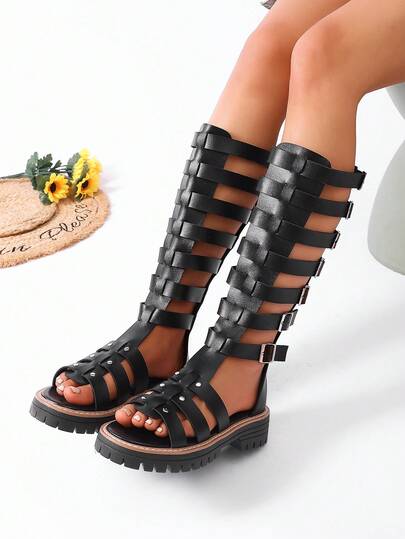 Women's New Hollow Out Sandals, Versatile Roman Style Thick Sole Buckle Round Toe Fashion Boots, Spring/Summer