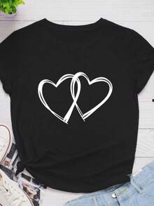 Women's T-Shirt With Double Heart Print, Short Sleeve, Round Neck, Loose Fit, Fashionable Women's T-Shirt, Tops, Clothing, Women's T-Shirts - 黑色 - 查看 6
