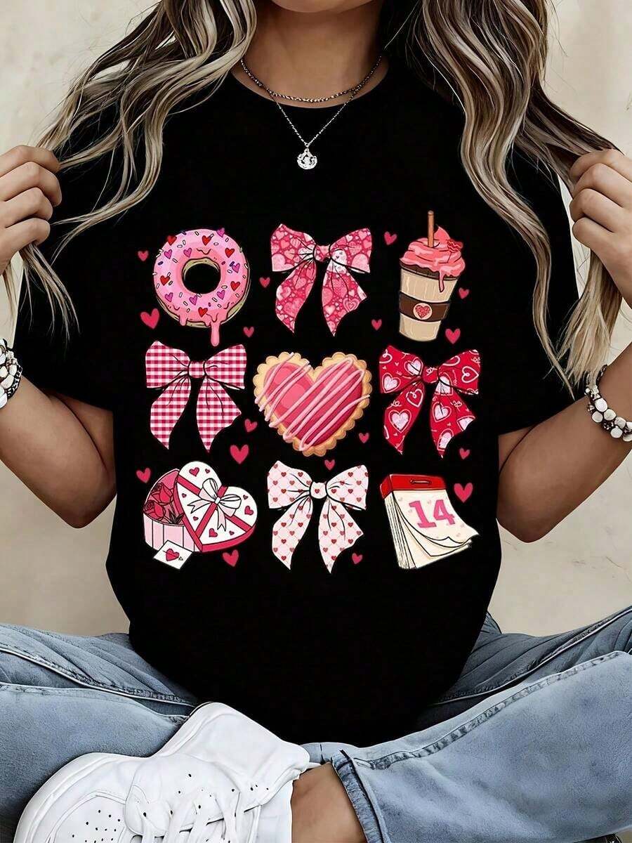 Women's Casual T-Shirt With Round Neck, Valentine's Heart Print, Donut, Cupcake And Bow, Short Sleeve, Casual Top For Daily Wear And Romantic Occasions. - 黑色 - 查看 1
