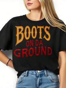 Women's "Boots On Da Ground" Graphic T-Shirt, Fashionable Casual T-Shirt With Funny Slogan, For Everyday Wear And Parties - Vintage Urban Style, Unisex, Cotton, Short Sleeve, Crew Neck, 100% Cotton - 黑色 - 查看 3