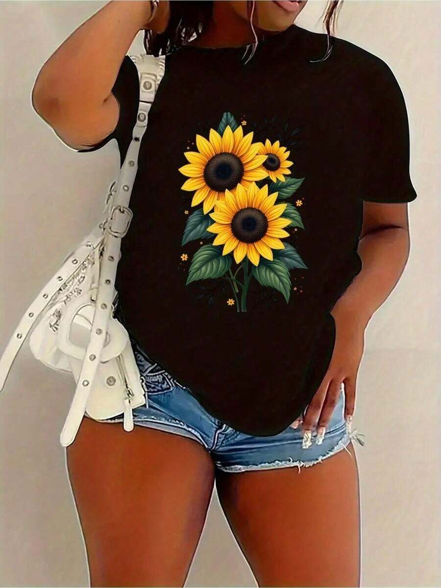 Camiseta única y cómoda con diseño de girasoles vibrantes y coloridos estilo y2k perfecta para lucir en cualquier ocasión ideal para amantes de la moda y la naturaleza opción imprescindible para tu armario - Negro - Ver 1