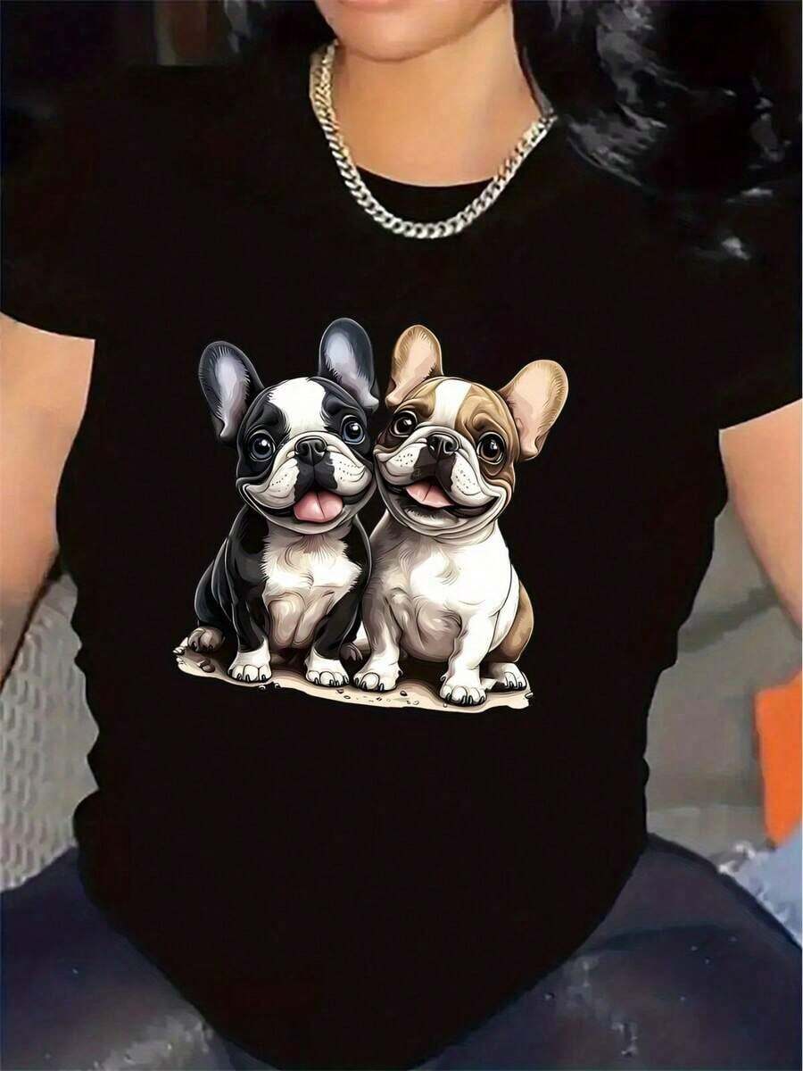 1 Piece Fashion Casual T-Shirt For Men And Women, Durable, Lightweight For Summer, With French Bulldog Print | Durable, Comfortable Fit, Casual Style, Suitable For Daily Wear, Lightweight And Breathable, A Perfect Gift For Dog Lovers, Round Neck, Medium Elasticity Fabric. - 黑色 - 查看 1