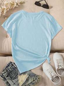 [New Fashion] Women's Summer Clothes, Short Sleeve T-Shirt With Round Neck And Cartoon Animal Tail Print, Casual Sporty Style, Lightweight, Comfortable, Soft, Fashionable, Adorable Pet Style, Versatile For All Seasons, Suitable For Daily Wear 9WVS - 天藍色 - 查看 2