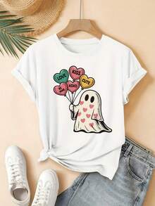 ¡Oferta por tiempo limitado, unidades limitadas,  relámpago! Camisas casuales para mujer, camisetas de poliéster para mujer, camisas elegantes. Camiseta de Verano Estilo Coreano - Estampado de Globos de Amor y Corazón, Cuello Redondo, Manga Corta, Blusa Casual de Moda Coreana para Primavera y Verano, Lavable a Máquina, Nueva Llegada 2026 - Blanco - Ver 7