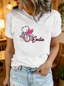 Camiseta de manga corta con cuello redondo para mujer, estampada, moderna y casual, lavable a máquina, ajuste cómodo, estampado plano 2D Blusas Para Mujer Casual. - Blanco_01 - Ver 8