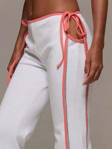 Pantalón de pierna ancha con detalle de rayas laterales, cintura con lazo, abertura en la Bottom y contraste de color, ideal para uso diario, aeropuerto, vacaciones, verano y primavera - Blanco - Ver 5