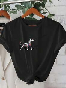 ¡Oferta por tiempo limitado, unidades limitadas,  relámpago! Camisas casuales para mujer, camisetas de poliéster para mujer, camisas elegantes.Novedad Verano 2026, Camiseta Estampado Perro Esqueleto Colorido, Moda Primavera-Verano Elegante y Cute, Estilo Casual Coreano, Top Camiseta - Negro - Ver 7