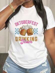 1 camiseta gráfica de Oktoberfest para mujer (tallas S-2XL) - Camiseta negra 100% de manga corta con cuello redondo, con diseño de jarra de cerveza colorida y texto en alemán, atuendo divertido para fiestas de Oktoberfest para amantes de la cerveza, informal, 180g, 100% algodón. - Blanco 1 - Ver 2