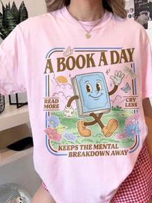 Una Camiseta que Evita el Estrés Mental con un Libro al Día, Camiseta de Salud Mental para Amantes de los Libros, Diseño Gráfico de Lectura, Regalo Literario - Rosa - Ver 1