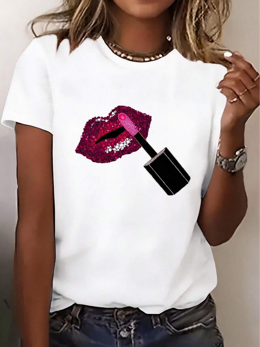 3388# Nueva camiseta de manga corta, imprescindible para las mujeres en verano, un regalo para viajes y citas, ropa de playa para vacaciones, brocha para labiales. - Blanco - Ver 1