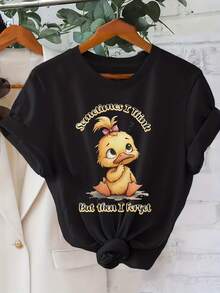 Women's Short-Sleeved, Round-Neck T-Shirt With A Cute Duck Graphic Print, "THINK & Forget", For Spring-Summer, Casual Wear, Everyday Leisure, Holiday Gift, Daily Outings - Black - View 2