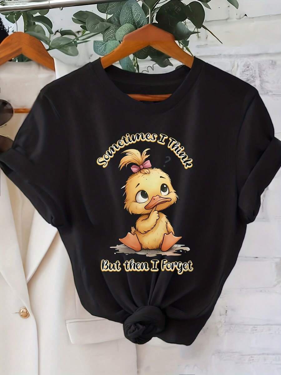 Women's Short-Sleeved, Round-Neck T-Shirt With A Cute Duck Graphic Print, "THINK & Forget", For Spring-Summer, Casual Wear, Everyday Leisure, Holiday Gift, Daily Outings