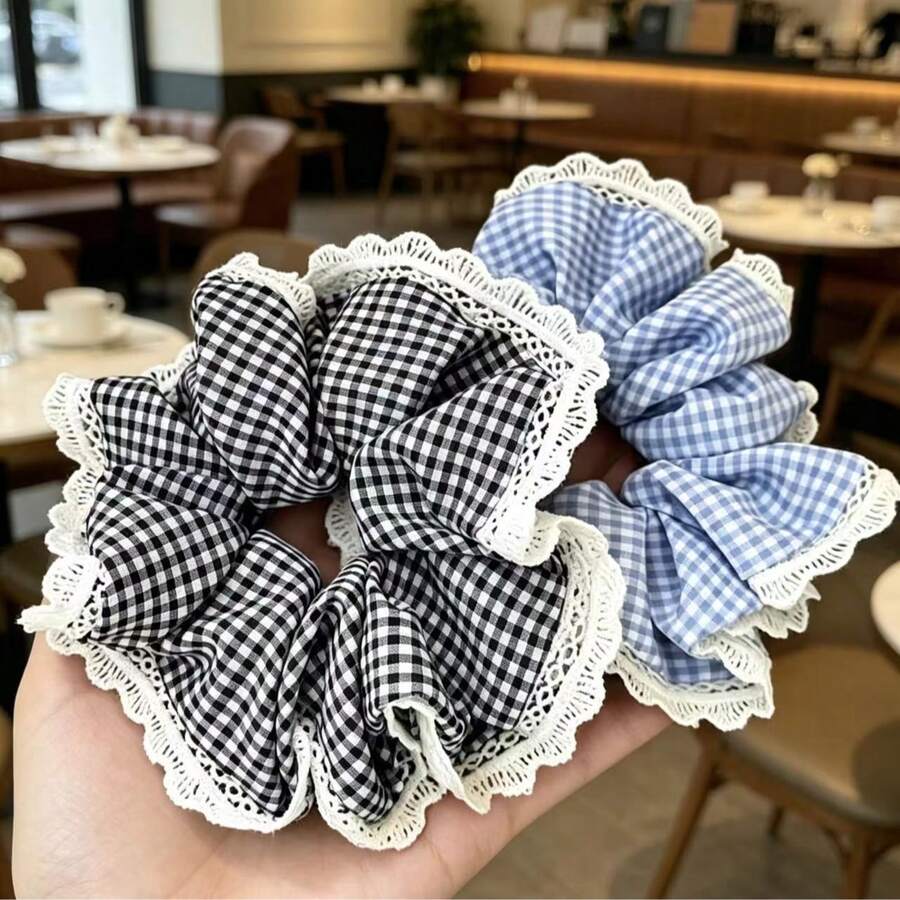 Coletero grande de volantes a cuadros con encaje azul, goma elástica suave estilo bailarina para coleta y cabello, banda elástica escolar - Multicolor - Ver 1